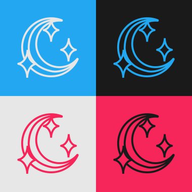 Renk çizgisi Ay ve yıldız simgesi arkaplanda izole edildi. Klasik tarzda çizim. Vektör İllüstrasyonu