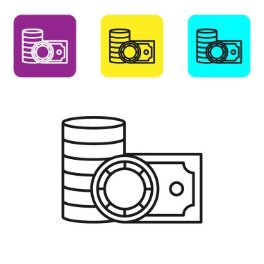 Siyah çizgi kumarhane fişleri ve desteler kağıt para nakit ikonu beyaz arka planda izole. Kumarhane kumarı. Renkli kare düğmeleri ayarlayın. Vektör İllüstrasyonu