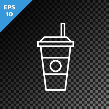 Beyaz çizgi kahve fincanı simgesi, şeffaf koyu arkaplanda izole edilmiş. Tek kullanımlık kahve bardağı ve sıcak kahve. Vektör İllüstrasyonu