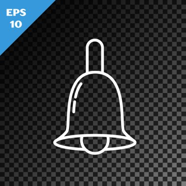 Beyaz çizgi zil simgesi, şeffaf koyu arkaplanda izole edildi. Alarm sembolü, servis zili, el zili işareti, uyarı sembolü. Vektör İllüstrasyonu