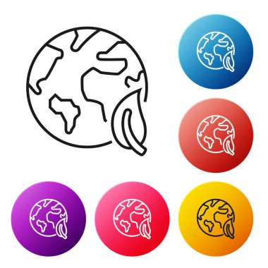 Siyah çizgi Dünya küresi ve yaprak ikonu beyaz arkaplanda izole edilmiş. Dünya ya da Dünya işareti. Geometrik şekiller. Çevresel konsept. Renkli daire düğmelerini ayarlayın. Vektör İllüstrasyonu