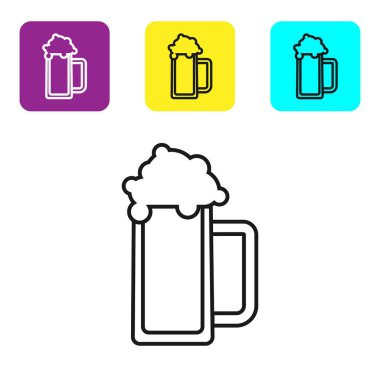 Beyaz arka planda izole edilmiş siyah çizgi bira ikonu. Renkli kare düğmeleri ayarlayın. Vektör İllüstrasyonu