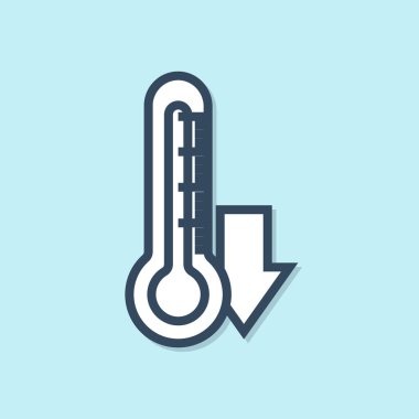 Mavi çizgi termometre simgesi mavi arkaplanda izole edildi. Vektör İllüstrasyonu