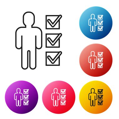 Siyah çizgi kullanıcısı beyaz arka planda izole edilmiş takım elbiseli adam simgesi. İş simgesi kullanıcı profili simgesi simgesi. Erkek kullanıcı işareti. Renkli daire düğmelerini ayarlayın. Vektör İllüstrasyonu