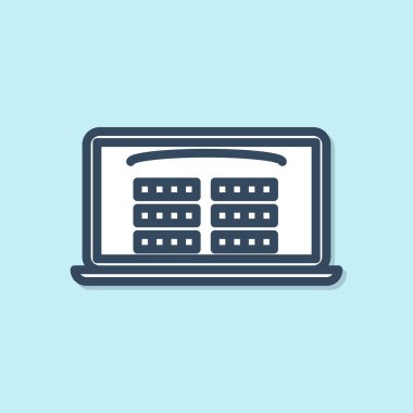 Mavi çizgi, mavi arka planda izole edilmiş çevrimiçi sinema bileti ikonu alın. Hizmet kavramı. Vektör İllüstrasyonu