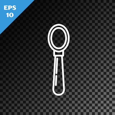 Beyaz çizgi kaşık simgesi, şeffaf koyu arkaplanda izole edildi. Mutfak aletleri. Çatal bıçak seti. Vektör İllüstrasyonu