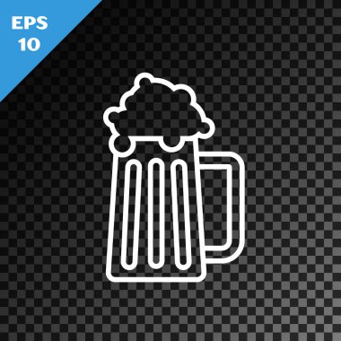 Beyaz çizgi ahşap bira kupası simgesi şeffaf koyu arkaplanda izole edilmiş. Vektör İllüstrasyonu