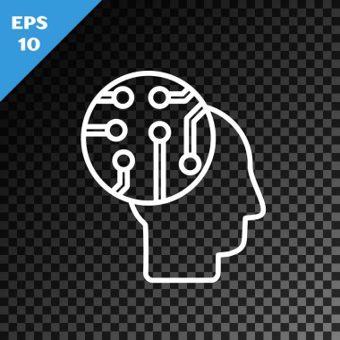 White line Human brain as digital circuit board icon isolated on transparent dark background. Human head outline with circuit lines inside.  Vector Illustration