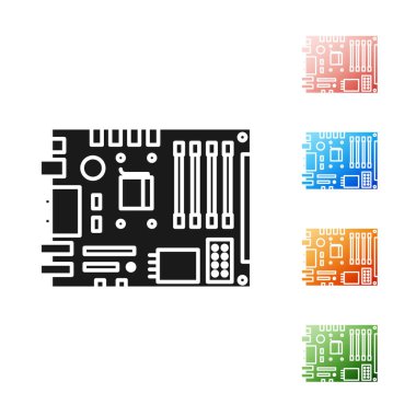 Siyah Elektronik bilgisayar bileşenleri anakart dijital çip entegre bilim ikonu beyaz zemin üzerinde izole. Devre kartı. Simgeleri renklendirin. Vektör İllüstrasyonu