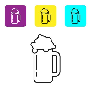 Beyaz arka planda izole edilmiş siyah çizgi bira ikonu. Renkli kare düğmeleri ayarlayın. Vektör İllüstrasyonu