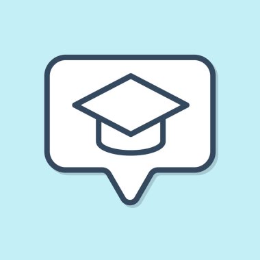 Mavi çizgi mezuniyet şapkası mavi arka planda izole edilmiş konuşma balonu ikonu. Tassel ikonlu mezuniyet şapkası. Vektör İllüstrasyonu