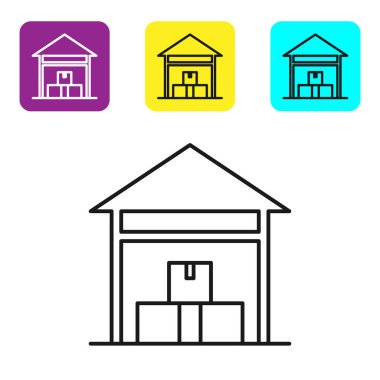 Beyaz arka planda siyah çizgi Depo simgesi izole edildi. Renkli kare düğmeleri ayarlayın. Vektör İllüstrasyonu