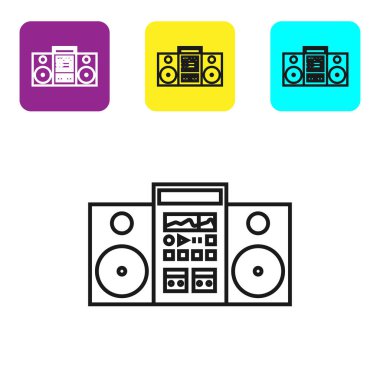 Beyaz zemin üzerinde iki hoparlör simgesi olan siyah çizgi ev müzik seti. Müzik sistemi. Renkli kare düğmeleri ayarlayın. Vektör İllüstrasyonu
