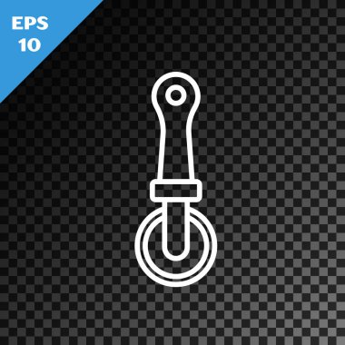 Beyaz çizgili pizza bıçağı simgesi, şeffaf koyu arkaplanda izole edilmiş. Pizza kesme tabelası. Çelik mutfak gereçleri. Vektör İllüstrasyonu