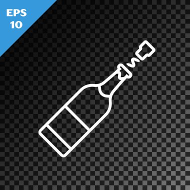 Beyaz çizgi şampanya şişesi simgesi şeffaf koyu arkaplanda izole edilmiş. Vektör İllüstrasyonu