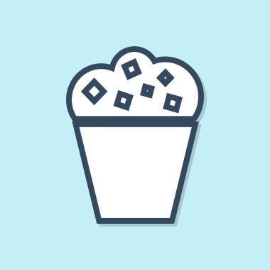 Mavi arka plan üzerinde izole karton kutu simgesi mavi çizgi Patlamış mısır. Patlamış mısır kova kutusu. Vektör İllüstrasyonu