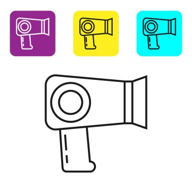 Siyah çizgi saç kurutma ikonu beyaz arkaplanda izole edildi. Saç kurutma makinesi tabelası. Saç kurutma sembolü. Sıcak hava üflüyor. Renkli kare düğmeleri ayarlayın. Vektör İllüstrasyonu