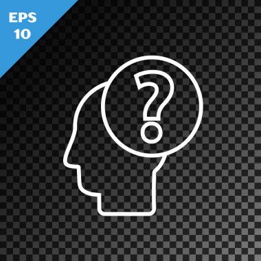 Beyaz çizgi üzerinde soru işareti simgesi olan insan kafası şeffaf koyu arkaplanda izole edilmiş. Vektör İllüstrasyonu