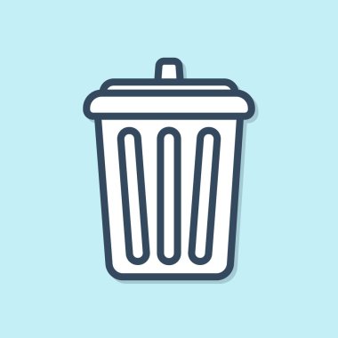 Mavi çizgi Çöp kutusu simgesi mavi arkaplanda izole edildi. Çöp kutusu tabelası. Sepet simgesini geri dönüştür. Ofis çöpü ikonu. Vektör İllüstrasyonu