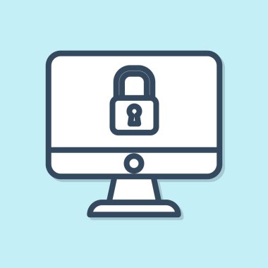 Mavi çizgi kilidi mavi arkaplanda bilgisayar ekranı simgesi izole edildi. Güvenlik, güvenlik, koruma kavramı. Güvenli bir ağ. Vektör İllüstrasyonu