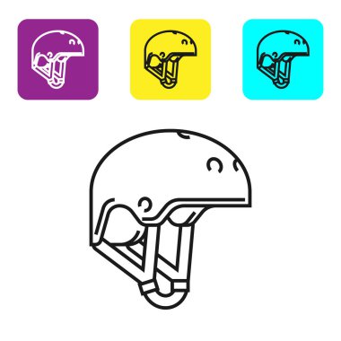 Siyah çizgi başlık simgesi beyaz arkaplanda izole edildi. Olağanüstü bir spor. Spor malzemeleri. Renkli kare düğmeleri ayarlayın. Vektör İllüstrasyonu