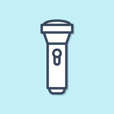 Mavi çizgi el feneri simgesi mavi arkaplanda izole edildi. Vektör İllüstrasyonu