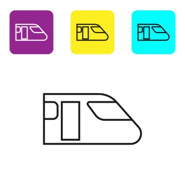 Siyah çizgi Tren simgesi beyaz arka planda yalıtılmış. Toplu taşıma sembolü. Metro taşımacılığı. Metro metrosu. Simgeleri renkli kare düğmeleri ayarlayın. Vektör İllüstrasyonu