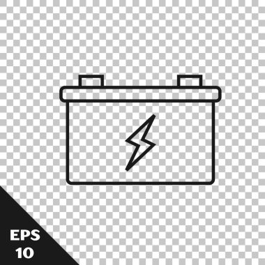 Siyah çizgili araba aküsü simgesi şeffaf arkaplanda izole edildi. Akümülatör bataryası enerji ve elektrik akümülatörü bataryası. Vektör İllüstrasyonu