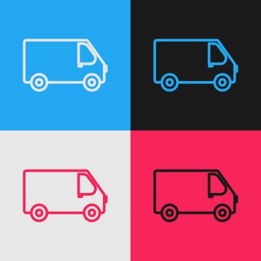 Renkli kargo kamyonu ikonu renk arkaplanında izole edildi. Klasik tarzda çizim. Vektör İllüstrasyonu