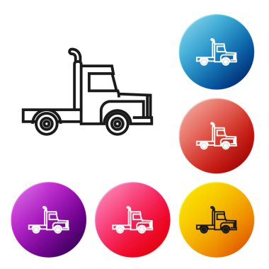 Siyah çizgi kargo kamyonu ikonu beyaz arka planda izole edildi. Renkli daire düğmelerini ayarlayın. Vektör İllüstrasyonu