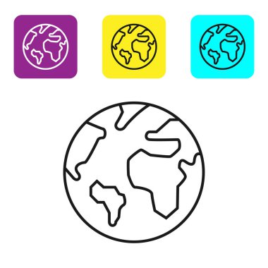 Siyah çizgi Dünya dünya simgesi beyaz arka plan üzerinde izole. Dünya veya Dünya işareti. Küresel internet sembolü. Geometrik şekiller. Simgeleri renkli kare düğmeleri ayarlayın. Vektör İllüstrasyonu