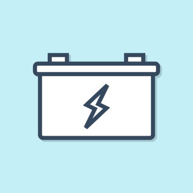 Mavi çizgili araba aküsü ikonu mavi arka planda izole edildi. Akümülatör bataryası enerji ve elektrik akümülatörü bataryası. Vektör İllüstrasyonu