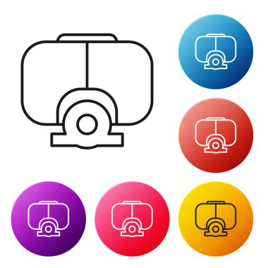 Beyaz arkaplanda siyah çizgi dalış maskesi simgesi izole edildi. Olağanüstü bir spor. Su altı ekipmanları. Renkli daire düğmelerini ayarlayın. Vektör İllüstrasyonu