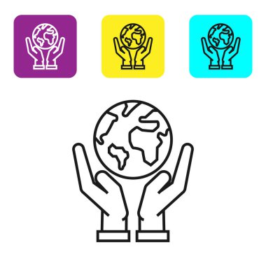 Siyah çizgi insan eli, beyaz zemin üzerinde Dünya 'nın ikonunu tutuyor. Dünya kavramını sakla. Renkli kare düğmeleri ayarlayın. Vektör İllüstrasyonu