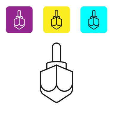 Siyah çizgi Hanuka dreidel simgesi beyaz arkaplanda izole edildi. Renkli kare düğmeleri ayarlayın. Vektör İllüstrasyonu