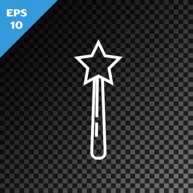 Beyaz çizgi sihirli değnek simgesi, şeffaf koyu arkaplanda izole edildi. Yıldız şeklinde sihirli aksesuar. Sihirli güç. Vektör İllüstrasyonu