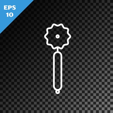 Beyaz çizgili pizza bıçağı simgesi, şeffaf koyu arkaplanda izole edilmiş. Pizza kesme tabelası. Çelik mutfak gereçleri. Vektör İllüstrasyonu