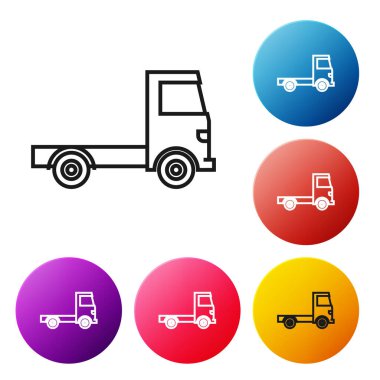 Siyah çizgi kargo kamyonu ikonu beyaz arka planda izole edildi. Renkli daire düğmelerini ayarlayın. Vektör İllüstrasyonu