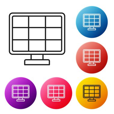 Siyah çizgi güneş enerjisi simgesi beyaz arkaplanda izole edildi. Renkli daire düğmelerini ayarlayın. Vektör İllüstrasyonu