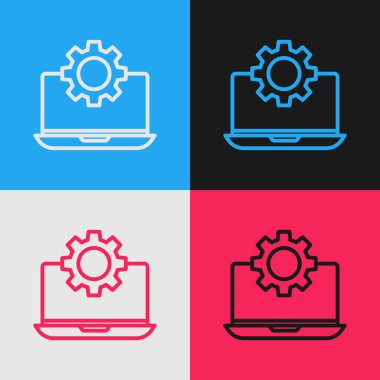 Renkli dizüstü bilgisayar ve dişli simgesi renk arkaplanında izole edildi. Laptop servis konsepti. Uygulama ayarlanıyor, seçenekler ayarlanıyor, bakım, onarım, onarım. Klasik tarzda çizim. Vektör İllüstrasyonu