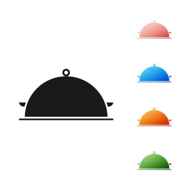 Siyah beyaz arka planda izole gıda simgesi bir tepsi ile kaplıdır. Tepsi ve kapak işareti. Kapak ile Restoran Cloche. Mutfak simgesi. Simgeler renkli ayarlayın. Vektör Illustration
