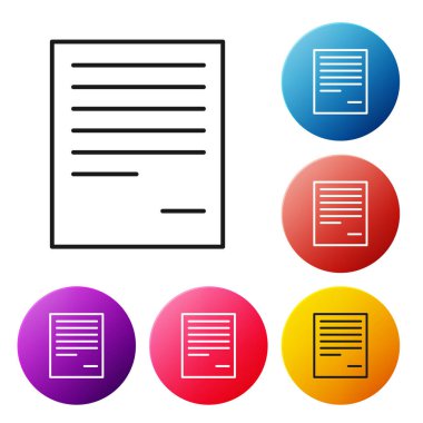 Beyaz arka planda yalıtılmış siyah çizgi Belge simgesi. Dosya simgesi. Denetim listesi simgesi. İş konsepti. Simgeleri renkli daire düğmeleri ayarlayın. Vektör İllüstrasyonu