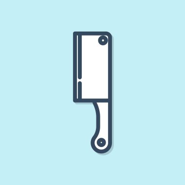 Blue line Meat chopper icon isolated on blue background. Kitchen knife for meat. Butcher knife.  Vector Illustration