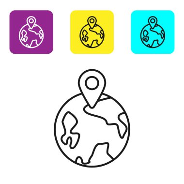 Siyah çizgi dünya simgesi beyaz arkaplanda izole edildi. Yerküreye iğnele. Renkli kare düğmeleri ayarlayın. Vektör İllüstrasyonu