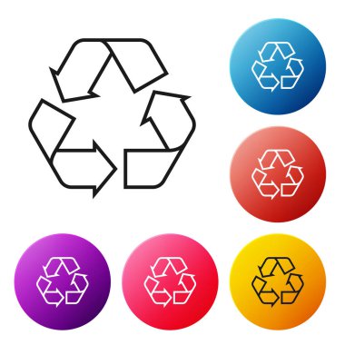 Siyah çizgi Geri Dönüşüm sembolü simgesi beyaz arkaplanda izole edildi. Dairesel ok simgesi. Çevre geri dönüşümü yeşile döner. Renkli daire düğmelerini ayarlayın. Vektör İllüstrasyonu