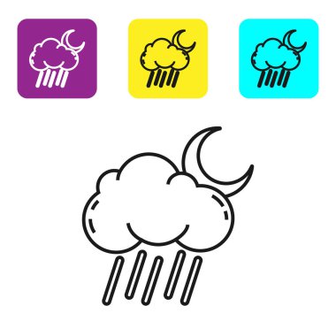 Beyaz zemin üzerinde yağmur ve ay ikonu olan siyah çizgi bulutu. Yağmur damlaları ile yağmur bulutu yağışı. Renkli kare düğmeleri ayarlayın. Vektör İllüstrasyonu