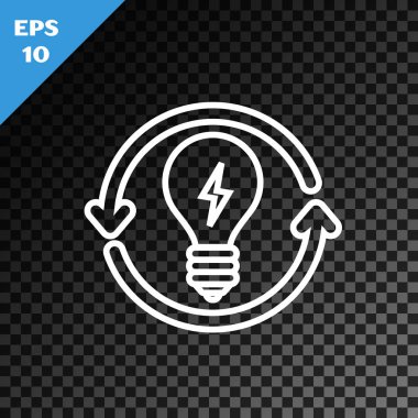 Beyaz çizgi Geri Dönüşüm ve ışık ampulü. Şeffaf koyu arkaplanda izole edilmiş bir simge simgesi. Lamba ışığı. Fikir sembolü. Vektör İllüstrasyonu