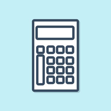 Mavi arka planda yalıtılmış mavi çizgi Hesap Makinesi simgesi. Muhasebe sembolü. İş hesaplamaları matematik eğitim ve finans. Vektör İllüstrasyonu