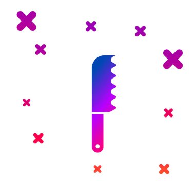 Beyaz arkaplanda izole edilmiş renkli ekmek bıçağı simgesi. Çatal bıçak sembolü. Kademeli rastgele dinamik şekiller. Vektör İllüstrasyonu