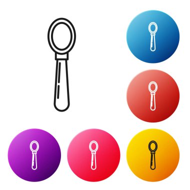 Siyah çizgi kaşık simgesi beyaz arkaplanda izole edildi. Mutfak aletleri. Çatal bıçak seti. Renkli daire düğmelerini ayarlayın. Vektör İllüstrasyonu